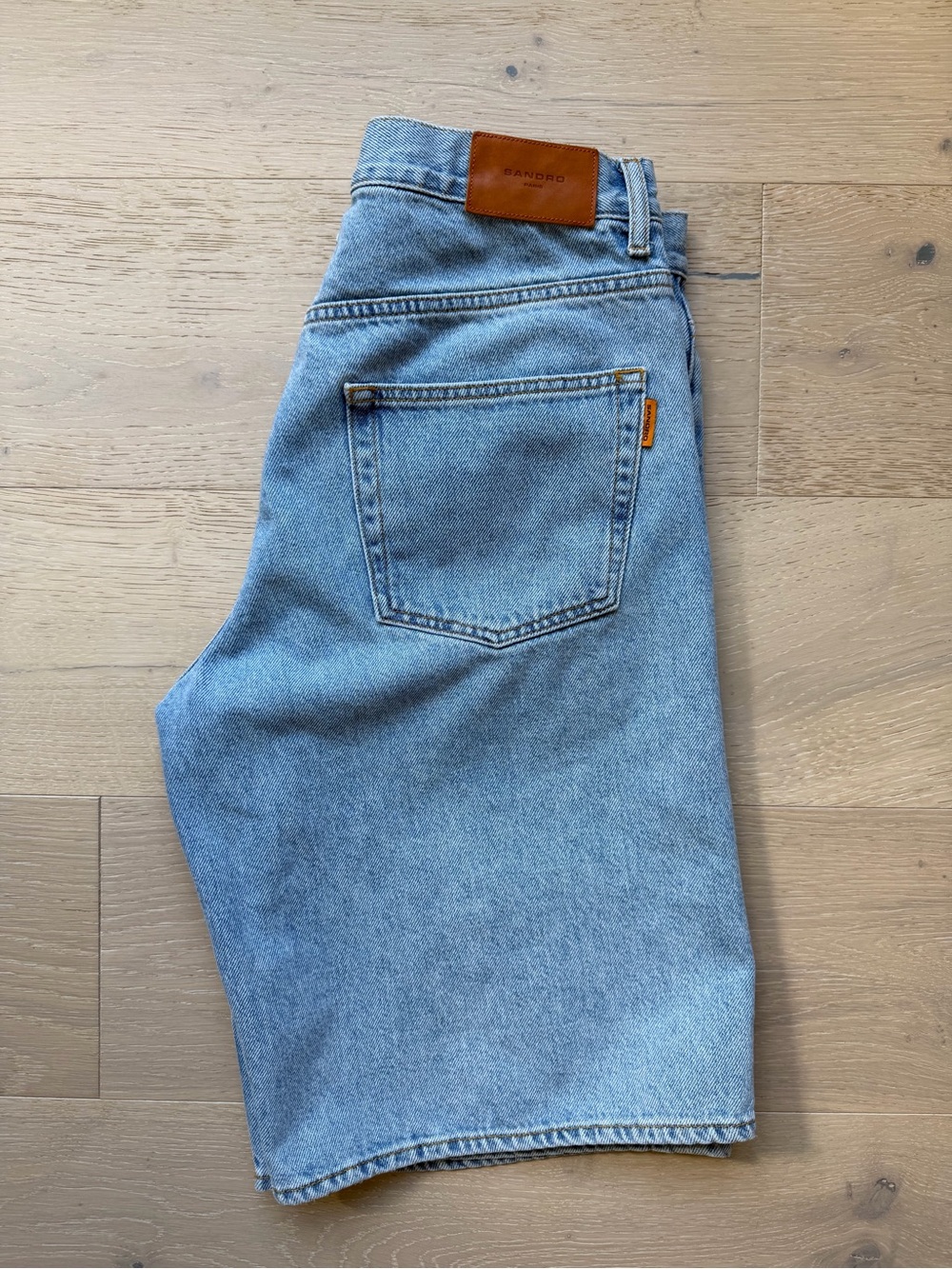 Sandro Light Blue Denim Shorts with Leather Patch